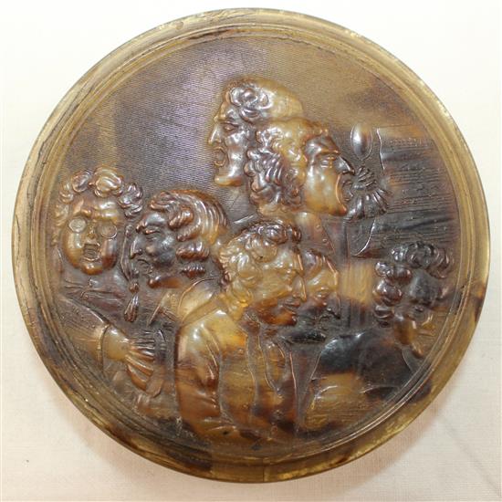 An 18th century blond tortoiseshell circular snuff box, 3in.